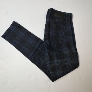 RUDE Men's Skinny Plaid Pants Size 30/32 Blue Black Distressed Button Fly